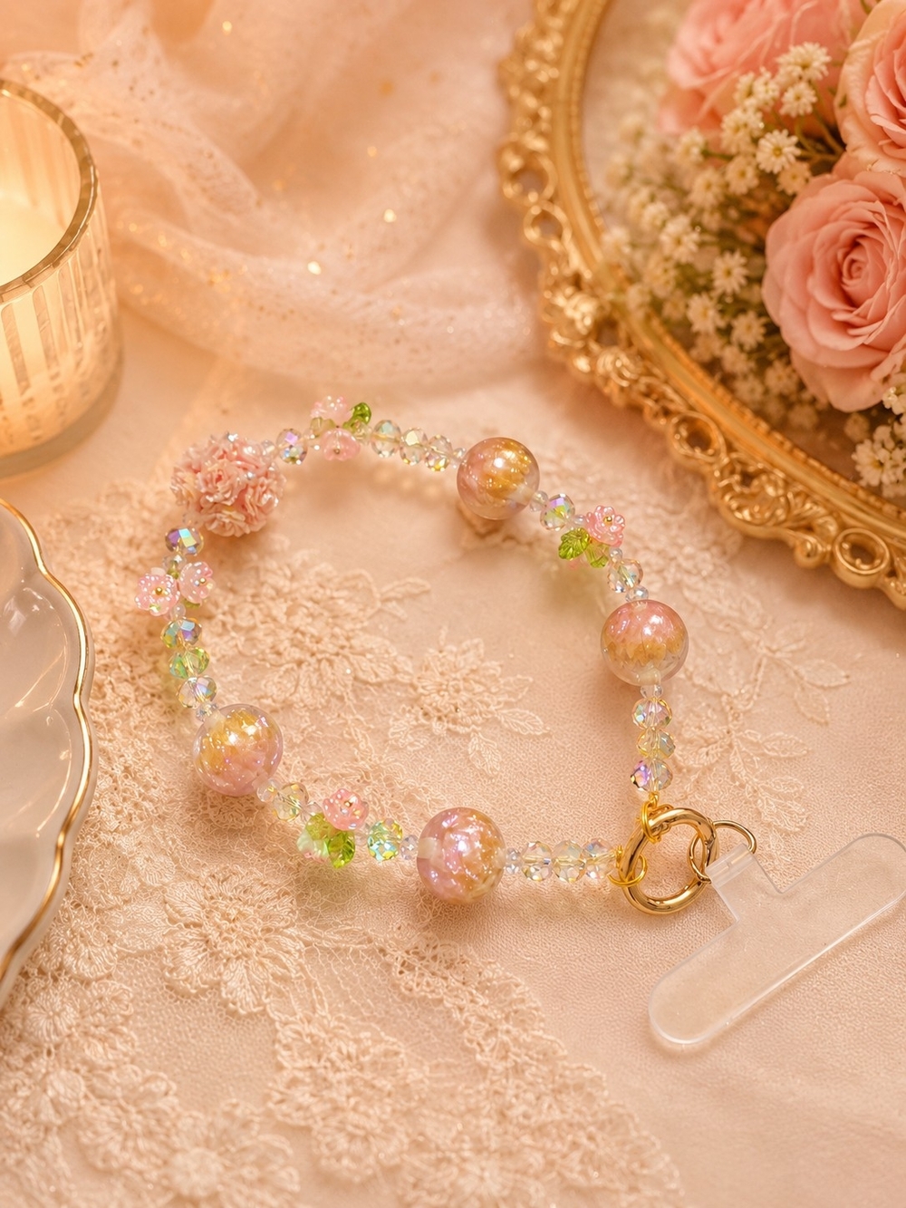 Pink Pearl Beaded Phone Wristlet Strap With Colorful Accent Beads